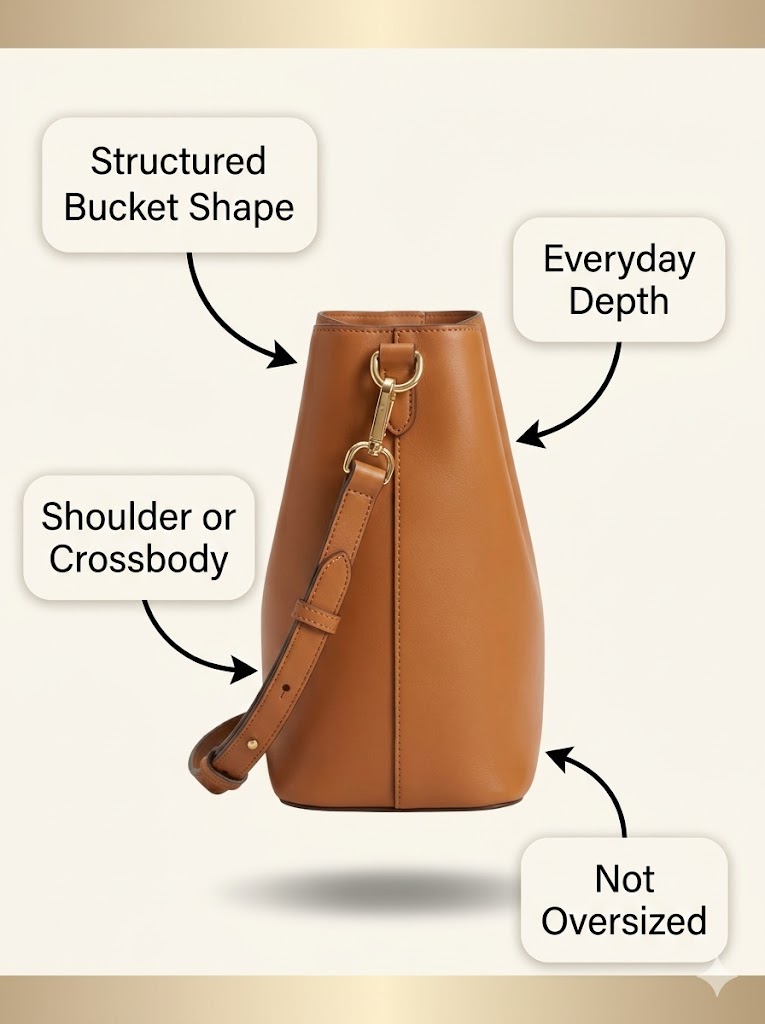 Side profile of the Calvin Klein Gabrianna Novelty Bucket Shoulder Bag showing its bucket shape