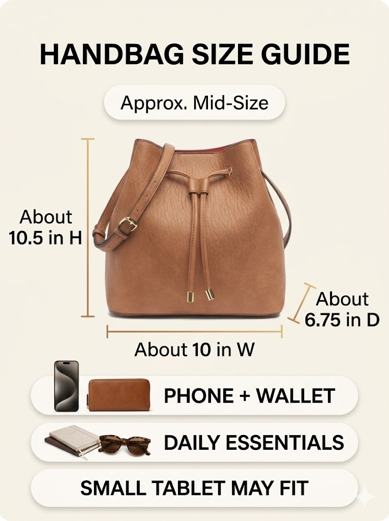 Size guide graphic for the Calvin Klein Gabrianna Bucket Bag showing everyday carry proportions