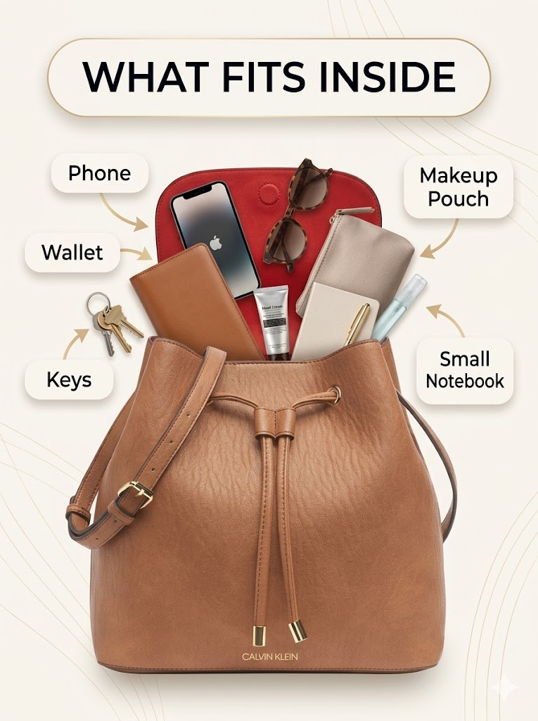 Everyday essentials that can fit inside the Calvin Klein Gabrianna Bucket Bag