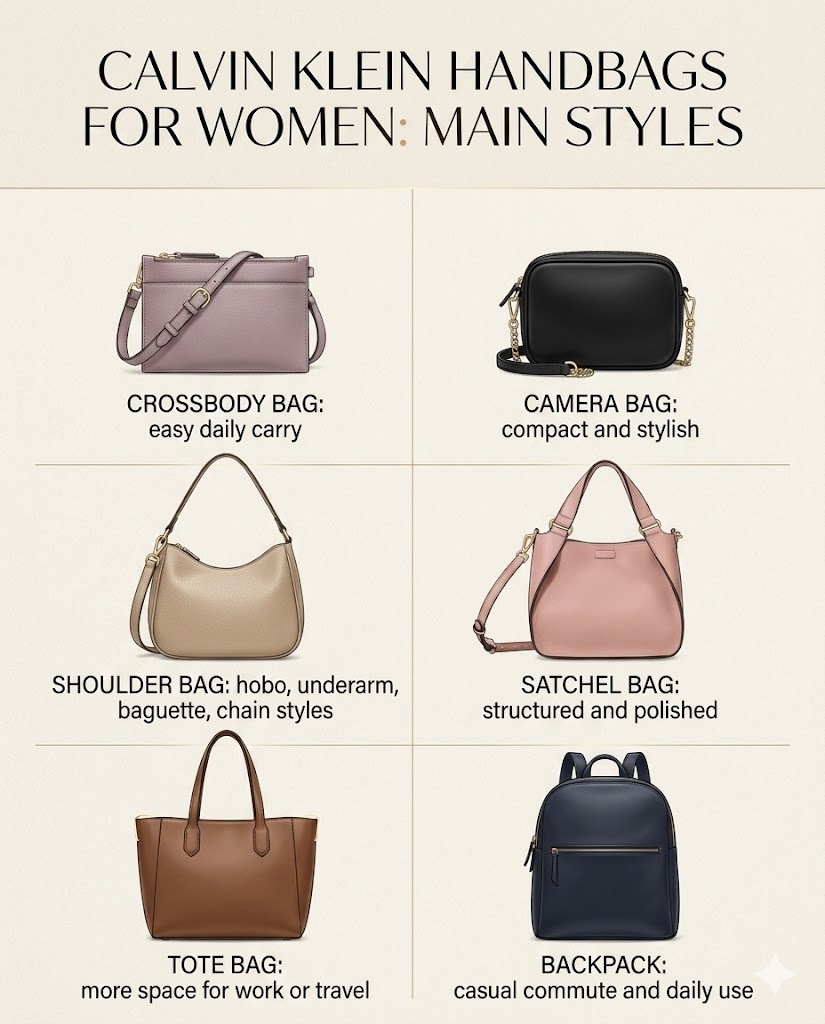 Calvin Klein handbags for women style guide showing crossbody camera shoulder satchel tote and backpack styles