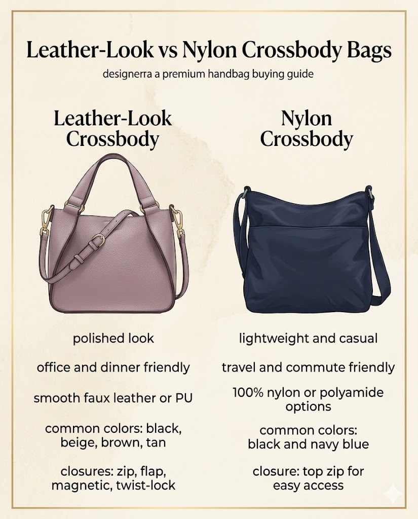Comparison of Calvin Klein leather look crossbody bag and nylon crossbody bag for style weight closure and daily use