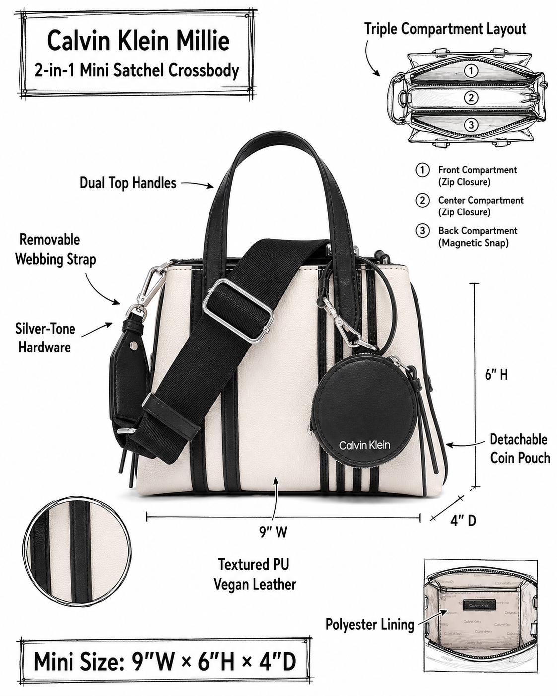 Calvin Klein Millie 2 in 1 triple compartment mini satchel crossbody review