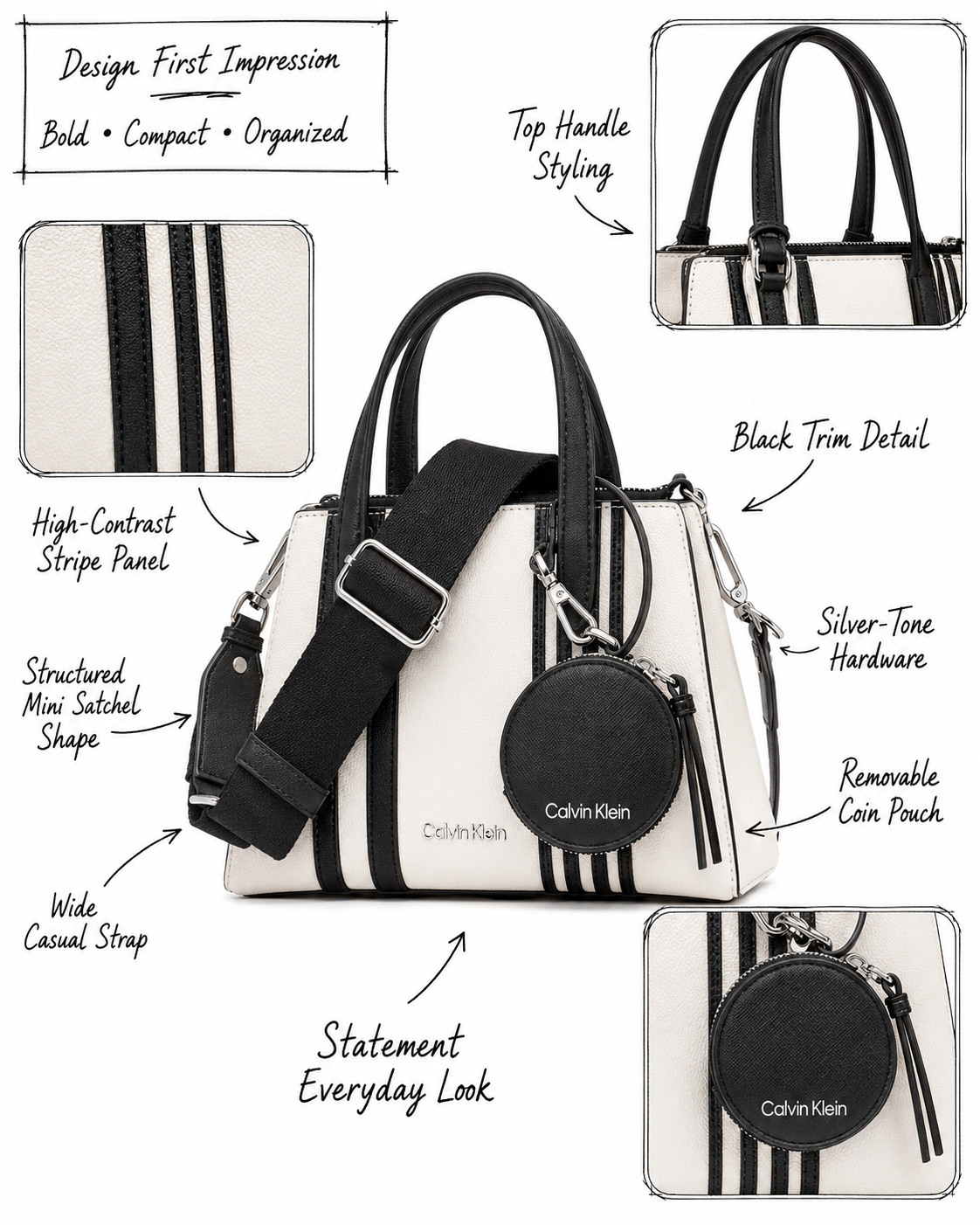 Calvin Klein Millie Cherub White Black striped mini crossbody design details
