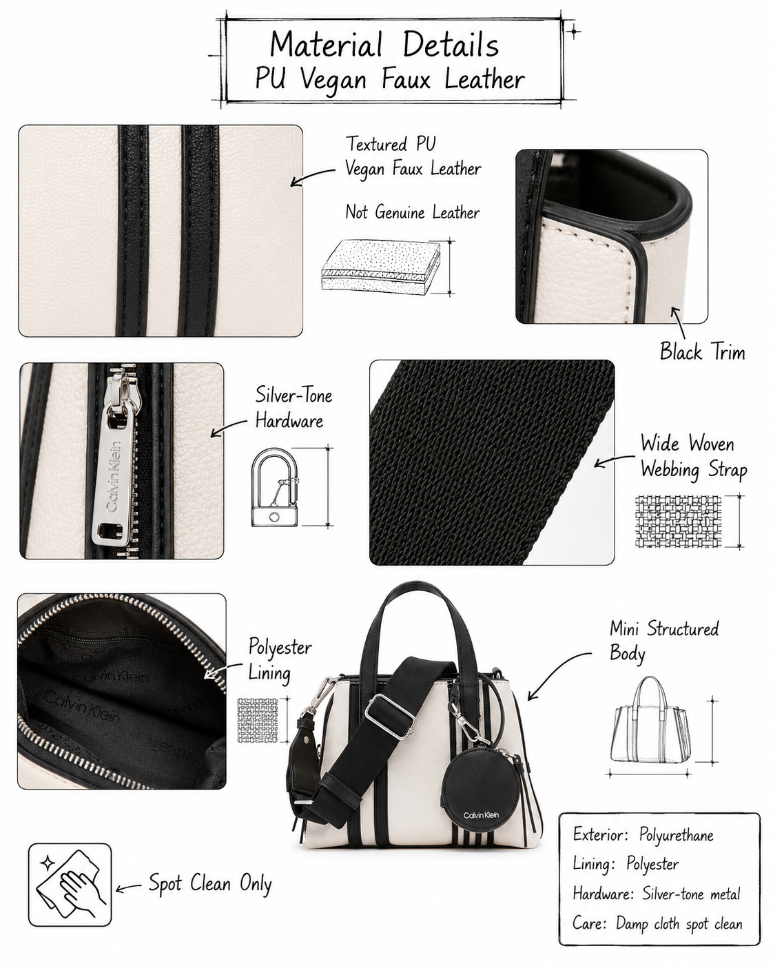 Calvin Klein Millie vegan faux leather material and silver hardware details