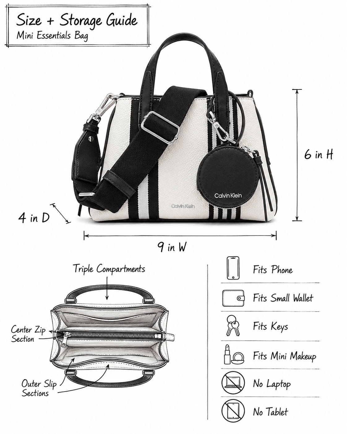 Calvin Klein Millie mini crossbody size and storage guide
