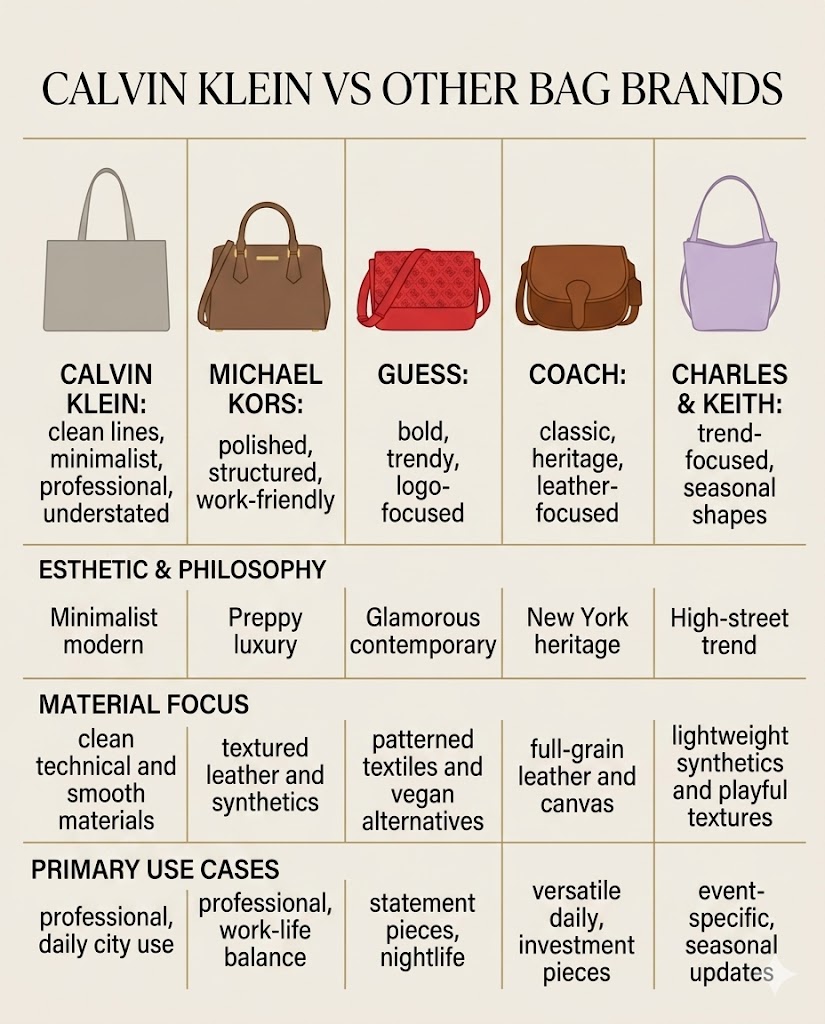 Calvin Klein vs Michael Kors Guess Coach and Charles Keith handbag style comparison