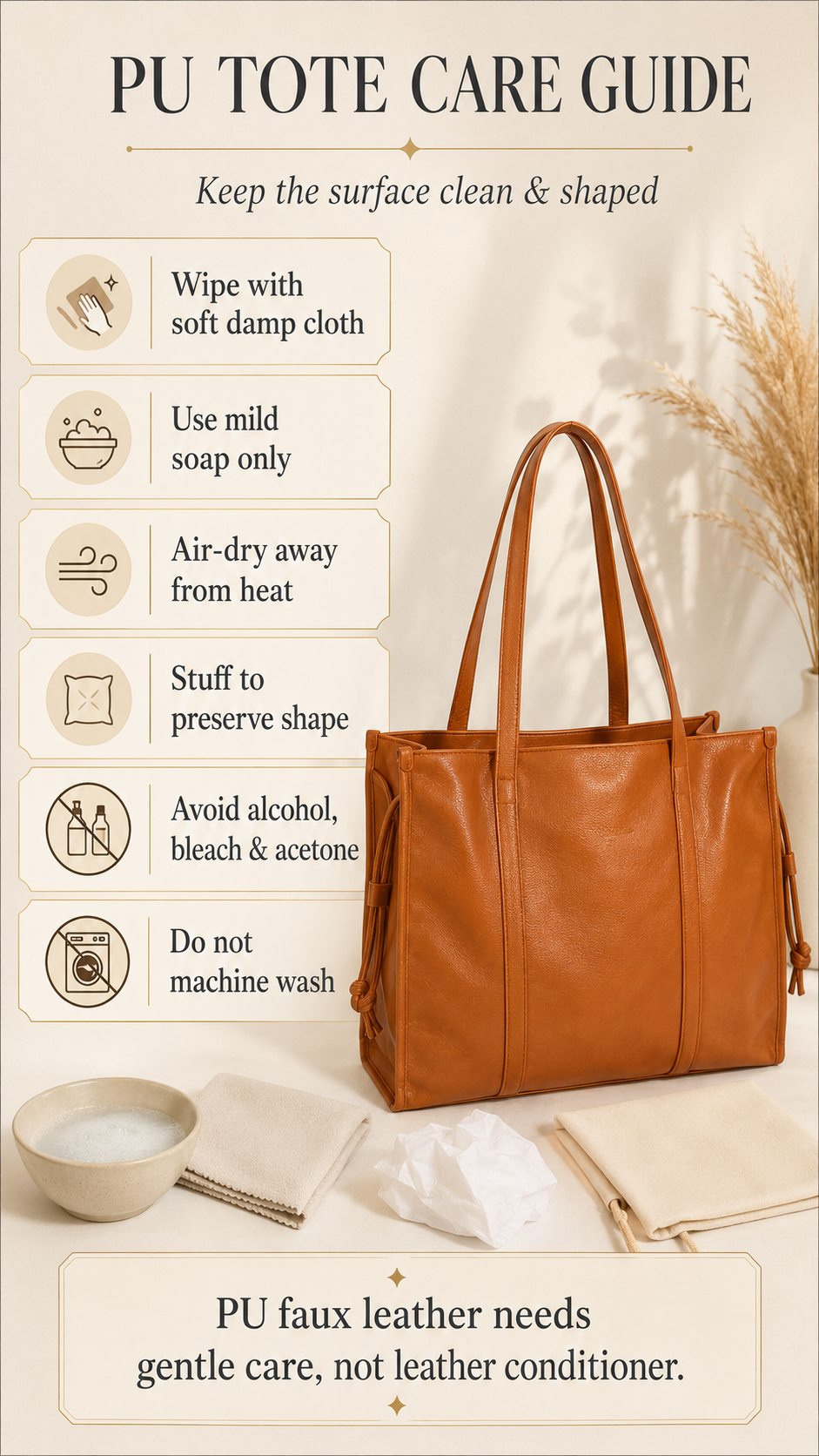 Chinllo PU Leather Drawstring Tote Care Guide Care guide for Chinllo Large PU Leather Drawstring Tote Bag with cleaning and storage tips