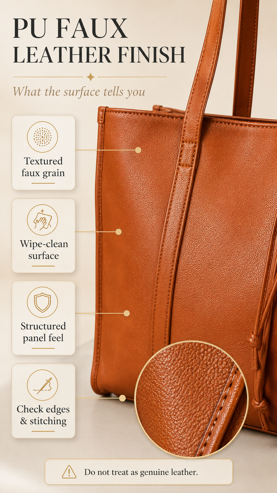 Chinllo Drawstring Tote PU Faux Leather Material Textured PU faux leather close-up on Chinllo Large Drawstring Tote Bag