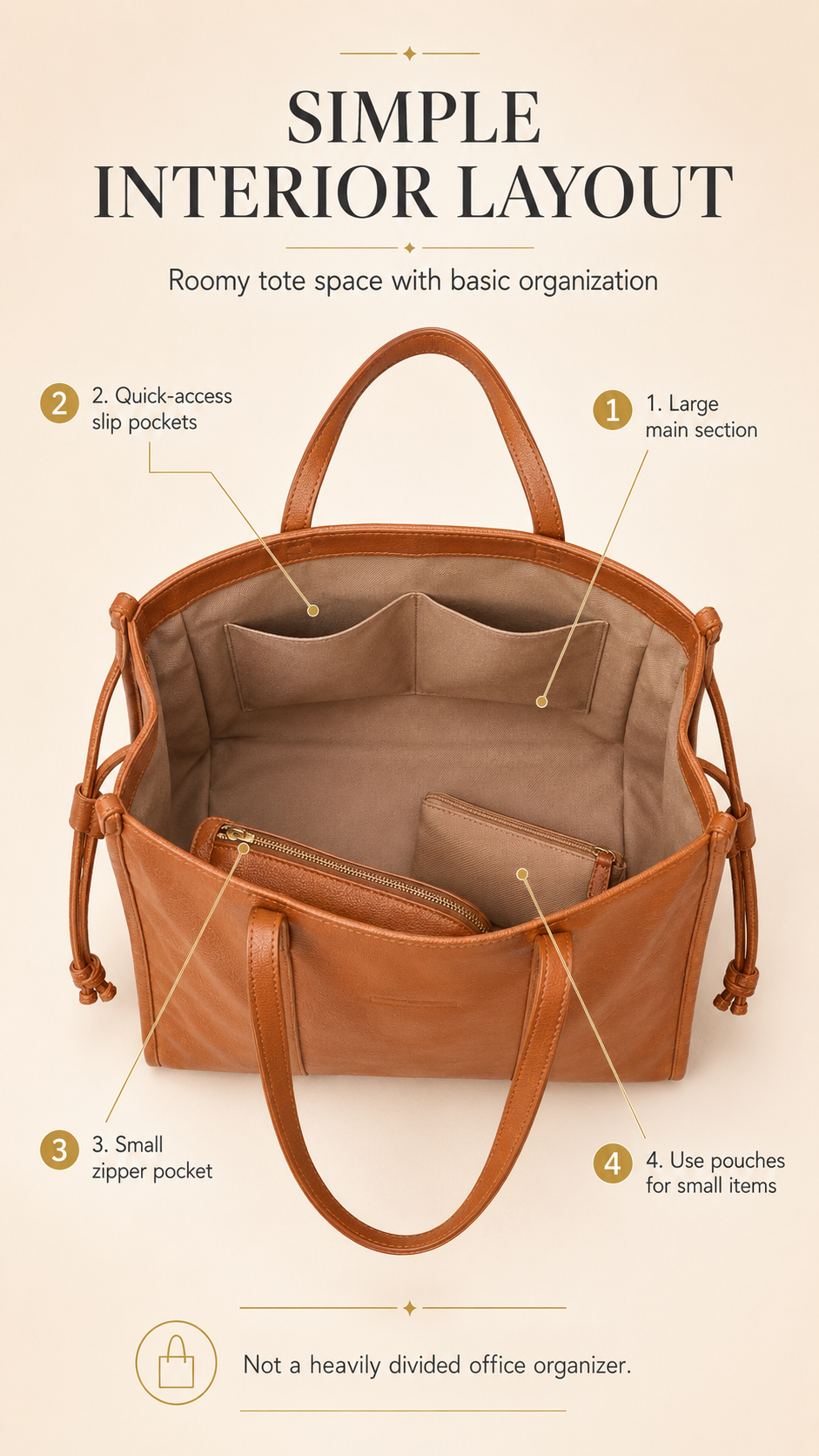 Chinllo Drawstring Tote Interior Organization Layout Interior organization layout of Chinllo Large PU Leather Drawstring Tote Bag