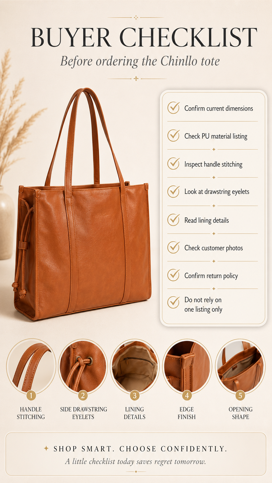 Chinllo Drawstring Tote Quality Checklist Quality checklist for Chinllo Large PU Leather Drawstring Tote Bag before buying