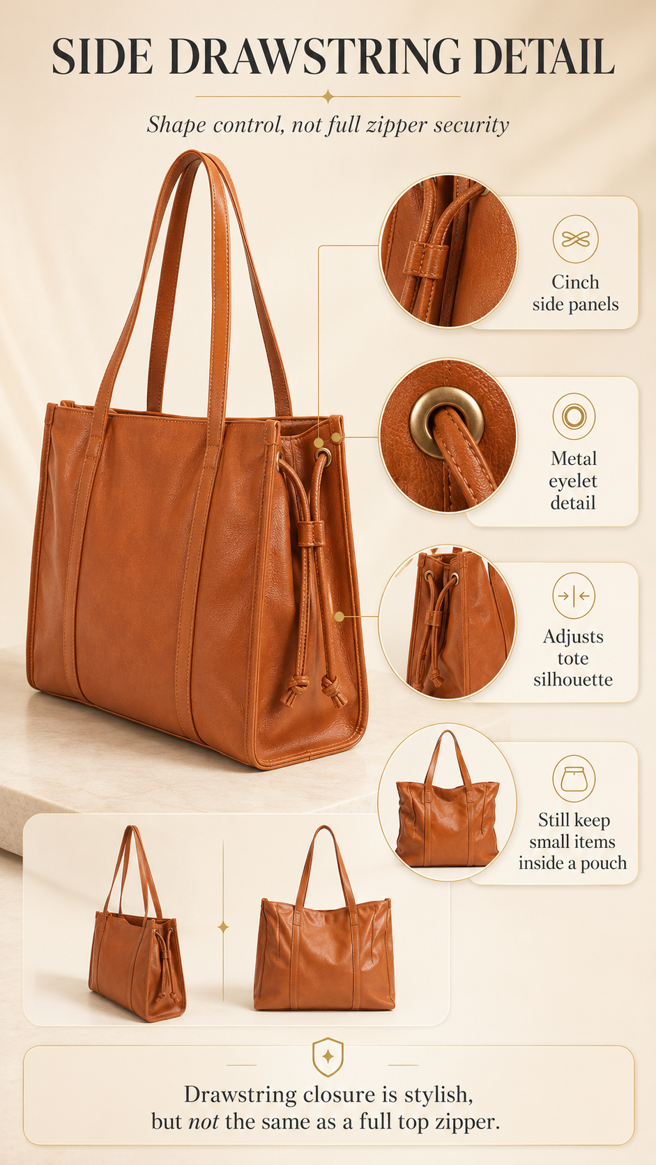 Chinllo Tote Side Drawstring Detail Side drawstring cord and metal eyelet details on Chinllo Large PU Leather Drawstring Tote Bag