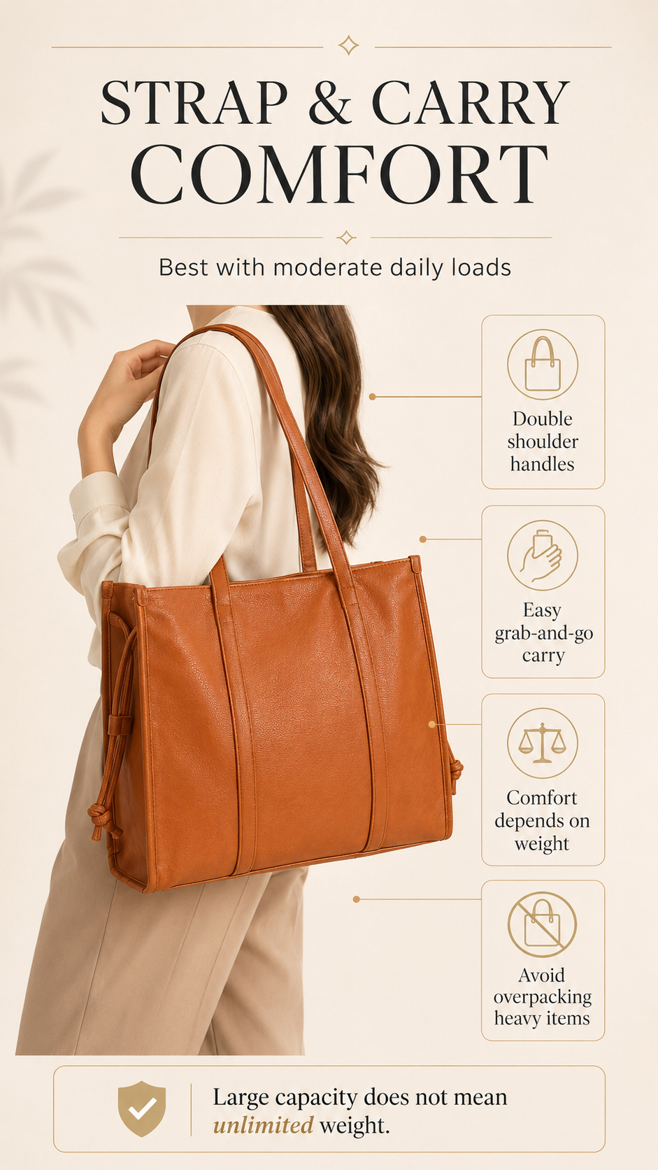 Chinllo Tote Strap and Carry Comfort Chinllo Large PU Leather Drawstring Tote Bag strap and shoulder carry comfort infographic