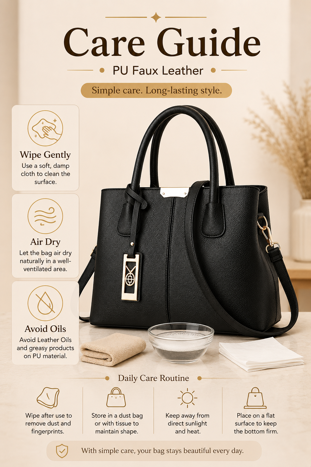 COCIFER satchel care guide for PU faux leather cleaning and storage