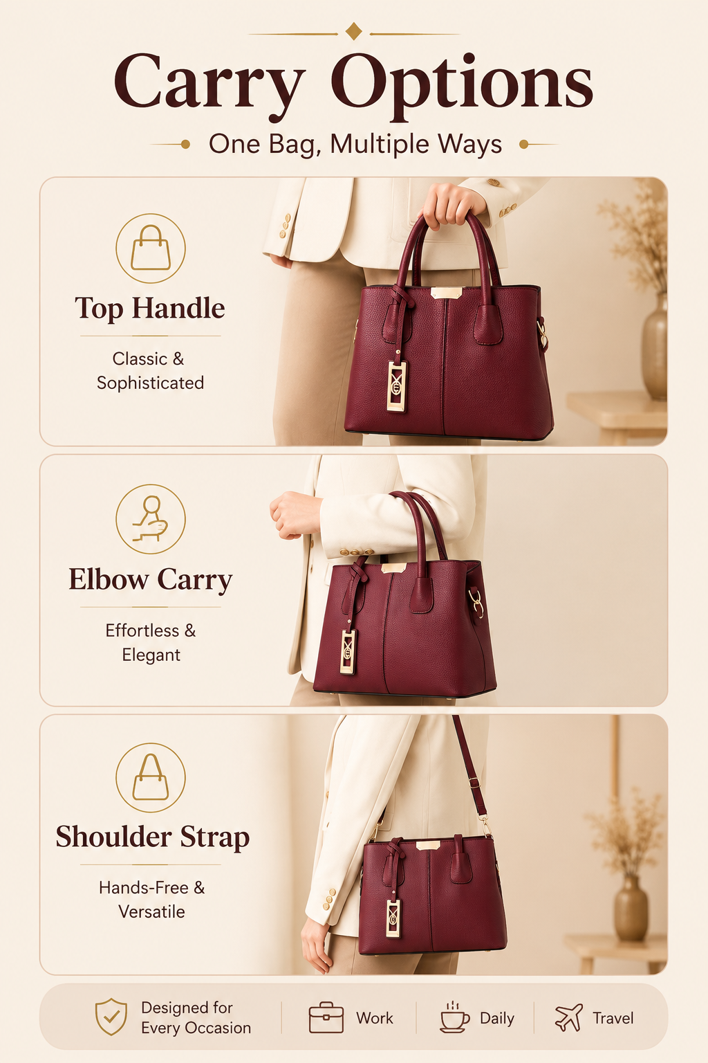 COCIFER satchel carry options with top handle shoulder strap and crossbody use
