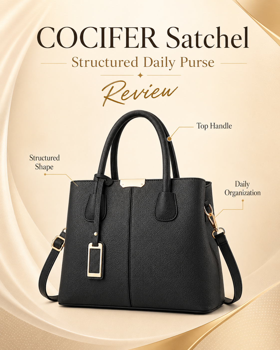 COCIFER top handle satchel review with structured black pebbled PU leather design