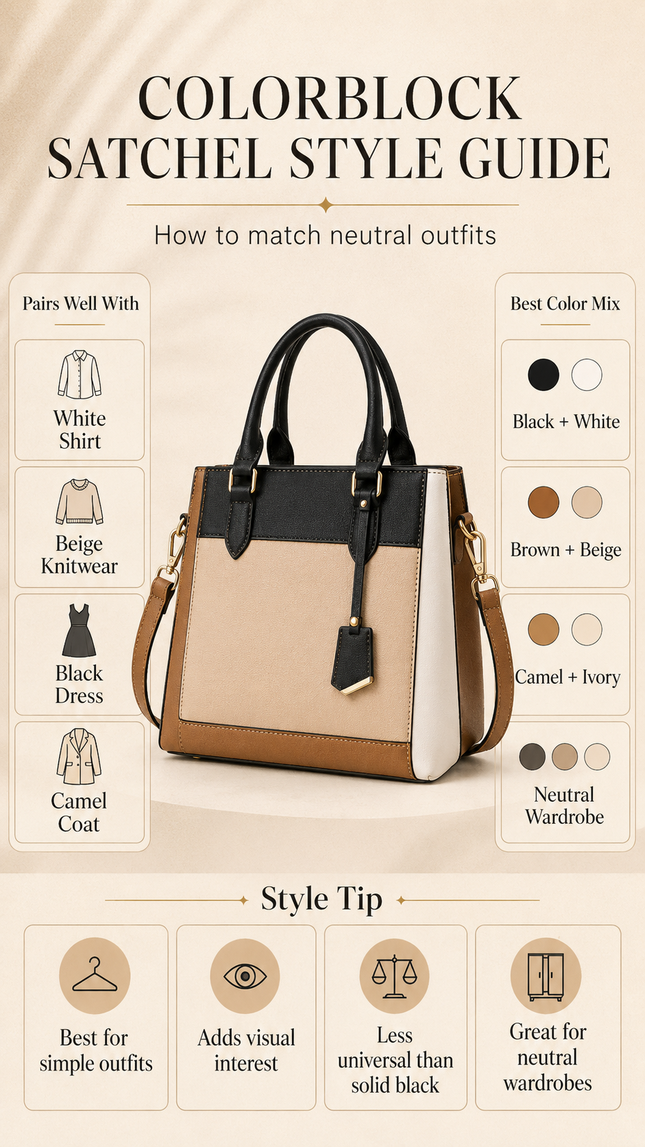 Colorblock satchel outfit guide infographic with neutral wardrobe matching tips for beige black brown and camel outfits