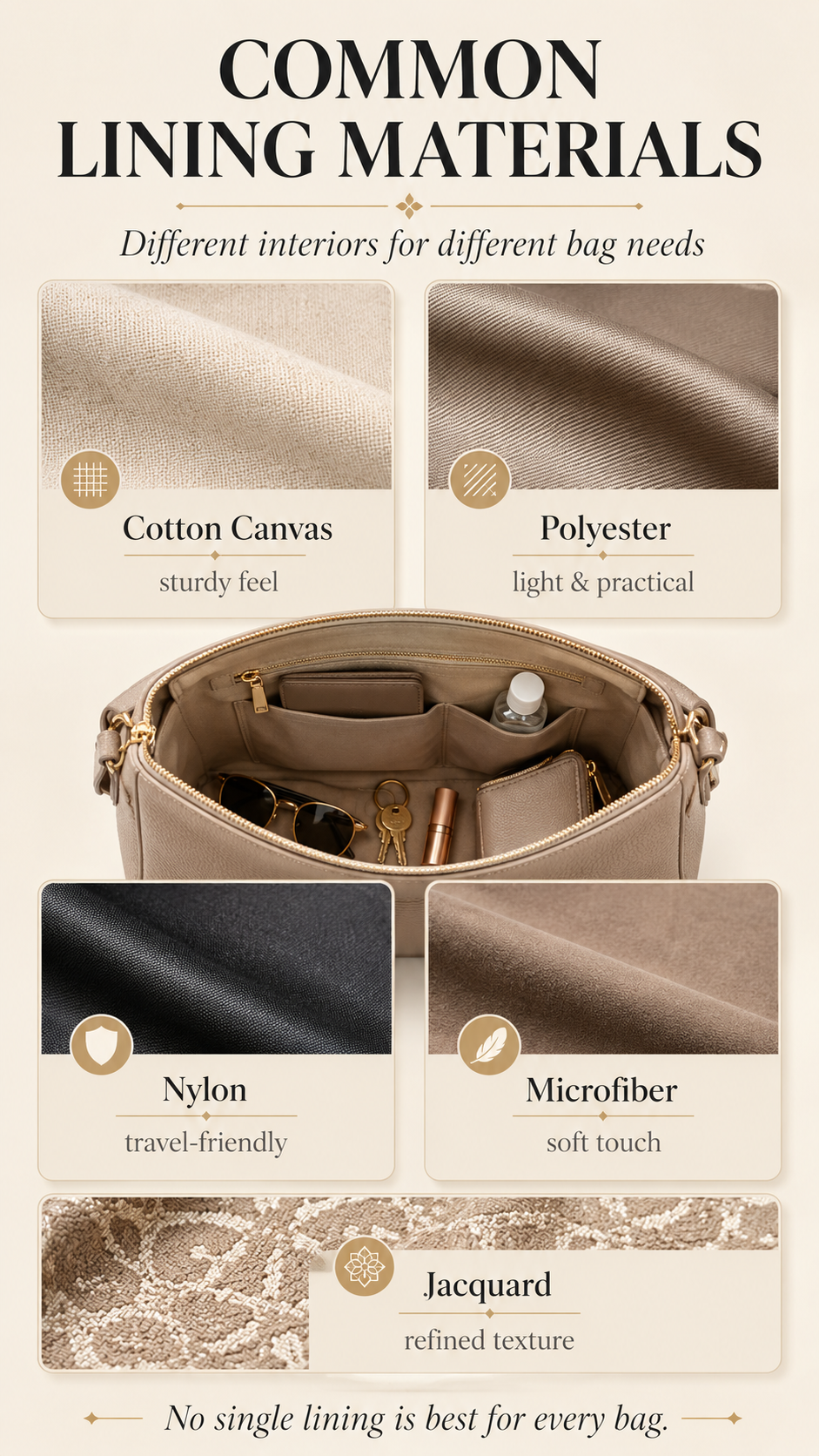 Common Bag Lining Materials Comparison Comparison of cotton canvas, polyester, nylon, suede, and jacquard handbag lining materials