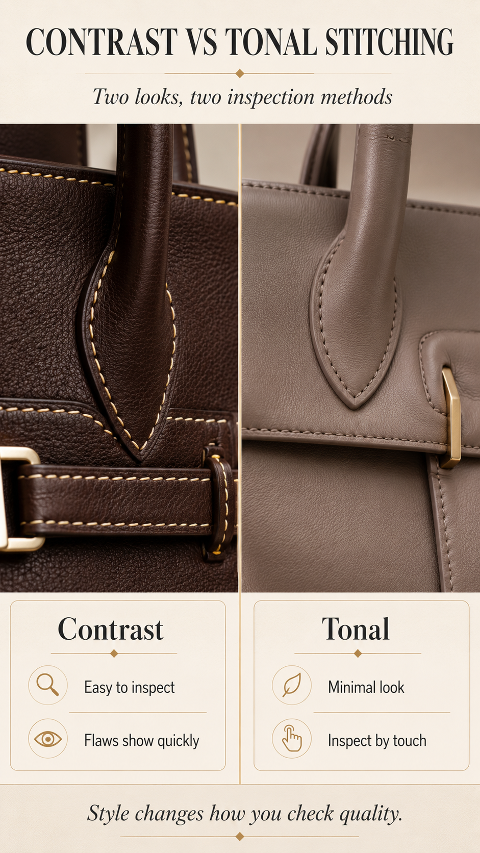 Premium comparison infographic showing contrast stitching and tonal stitching on minimalist and heritage handbags