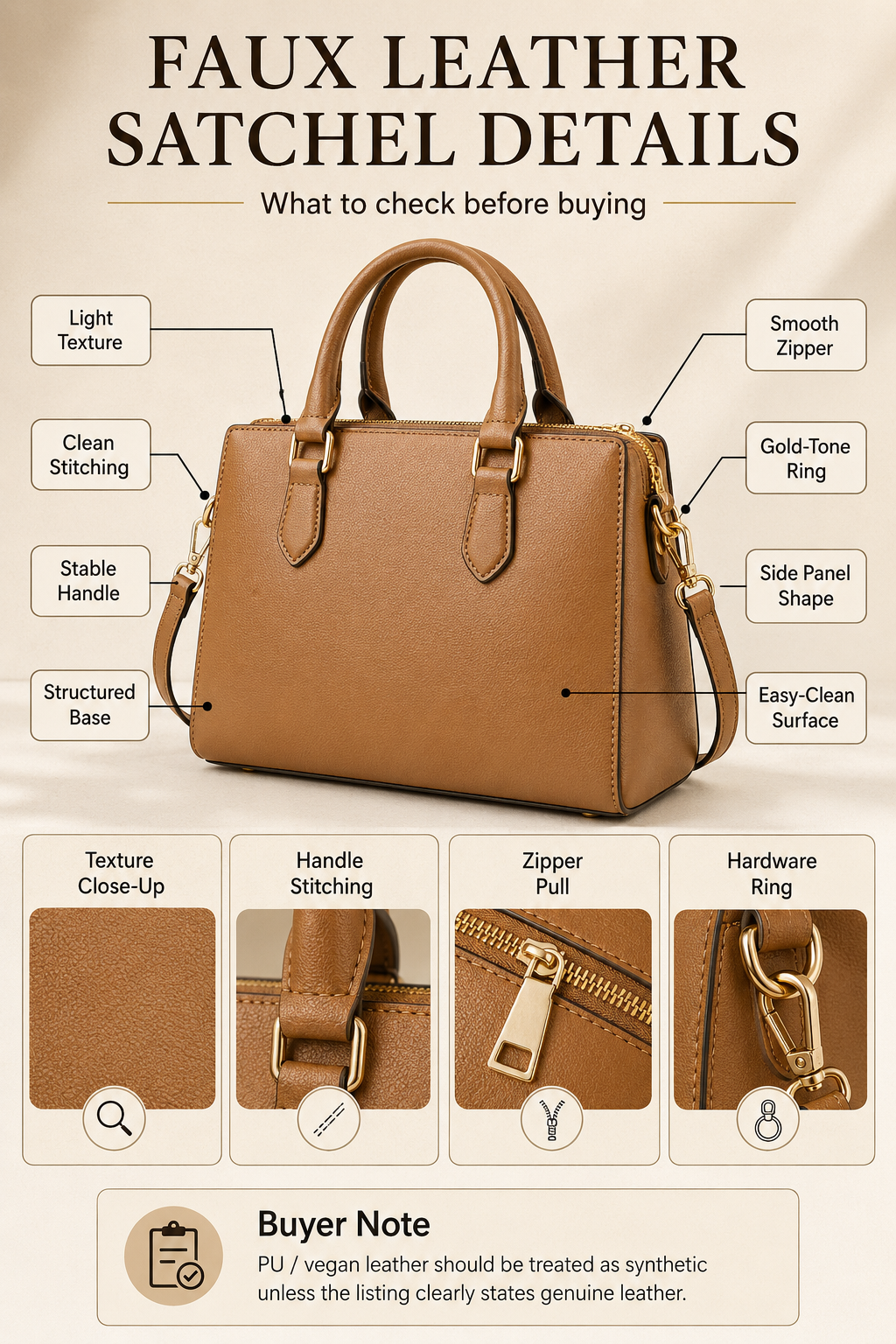 Faux leather satchel quality infographic showing texture stitching zipper hardware and handle attachment details
