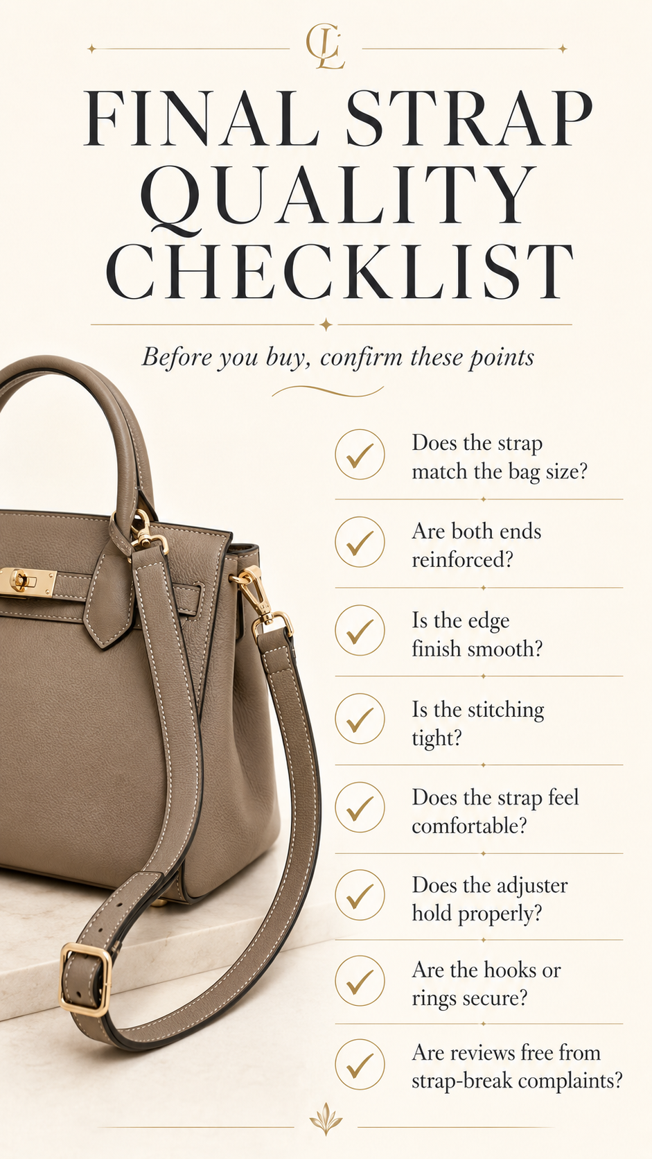 Final Handbag Strap Quality Checklist Final handbag strap quality checklist with bag size match reinforced ends smooth edges tight stitching comfort adjuster and hardware checks
