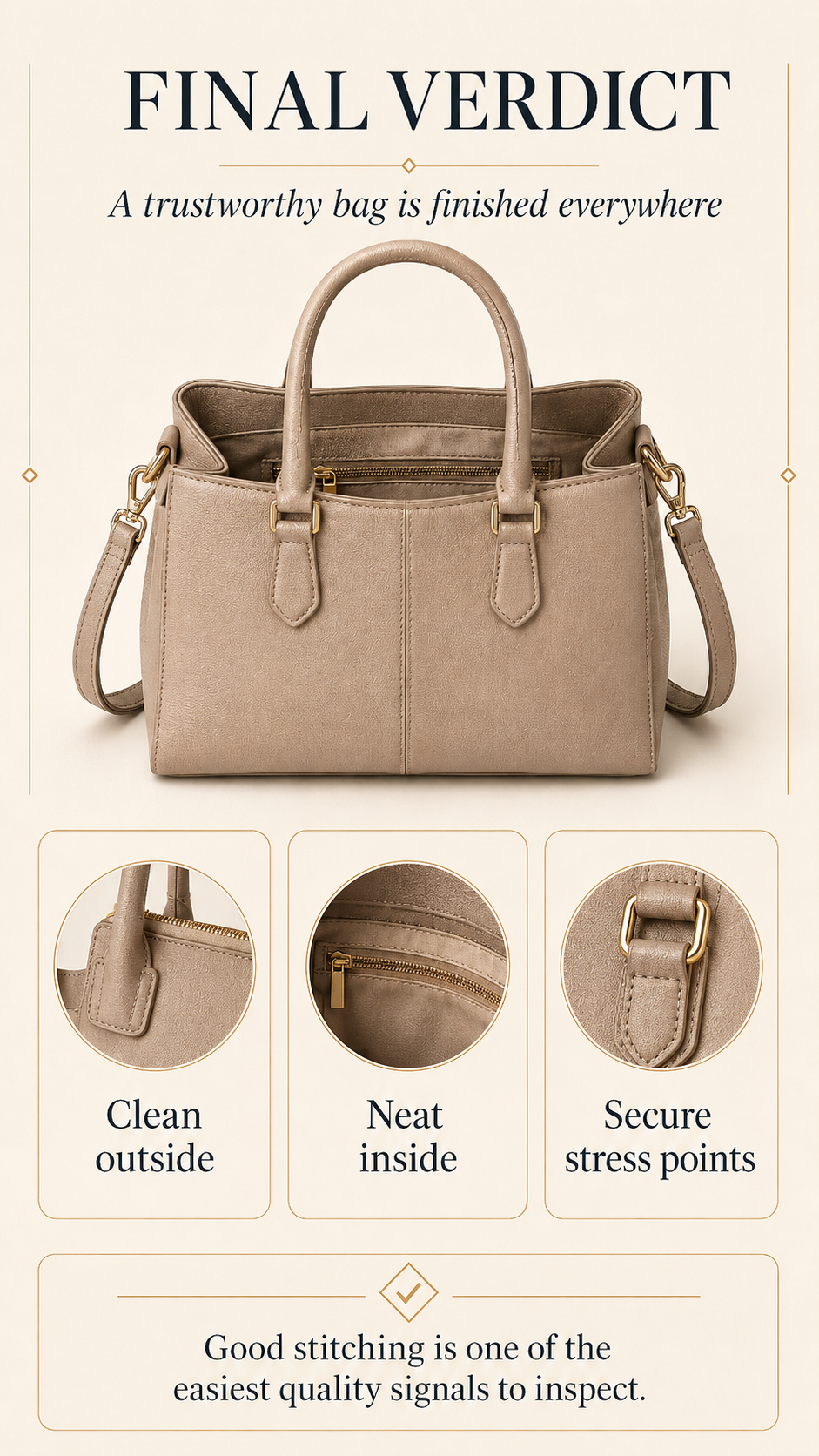 Premium final verdict infographic showing a trustworthy handbag with clean exterior stitching, neat lining, secure straps, and polished seams