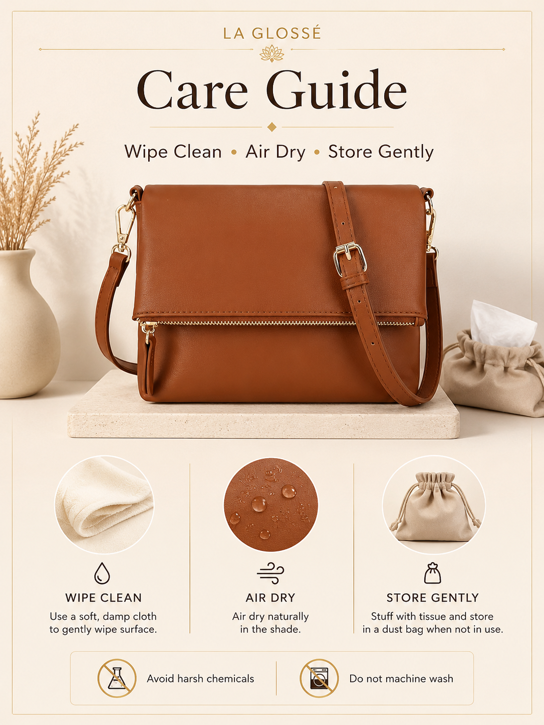 Gladdon Crossbody Care Guide Care guide for brown faux leather Gladdon small crossbody purse