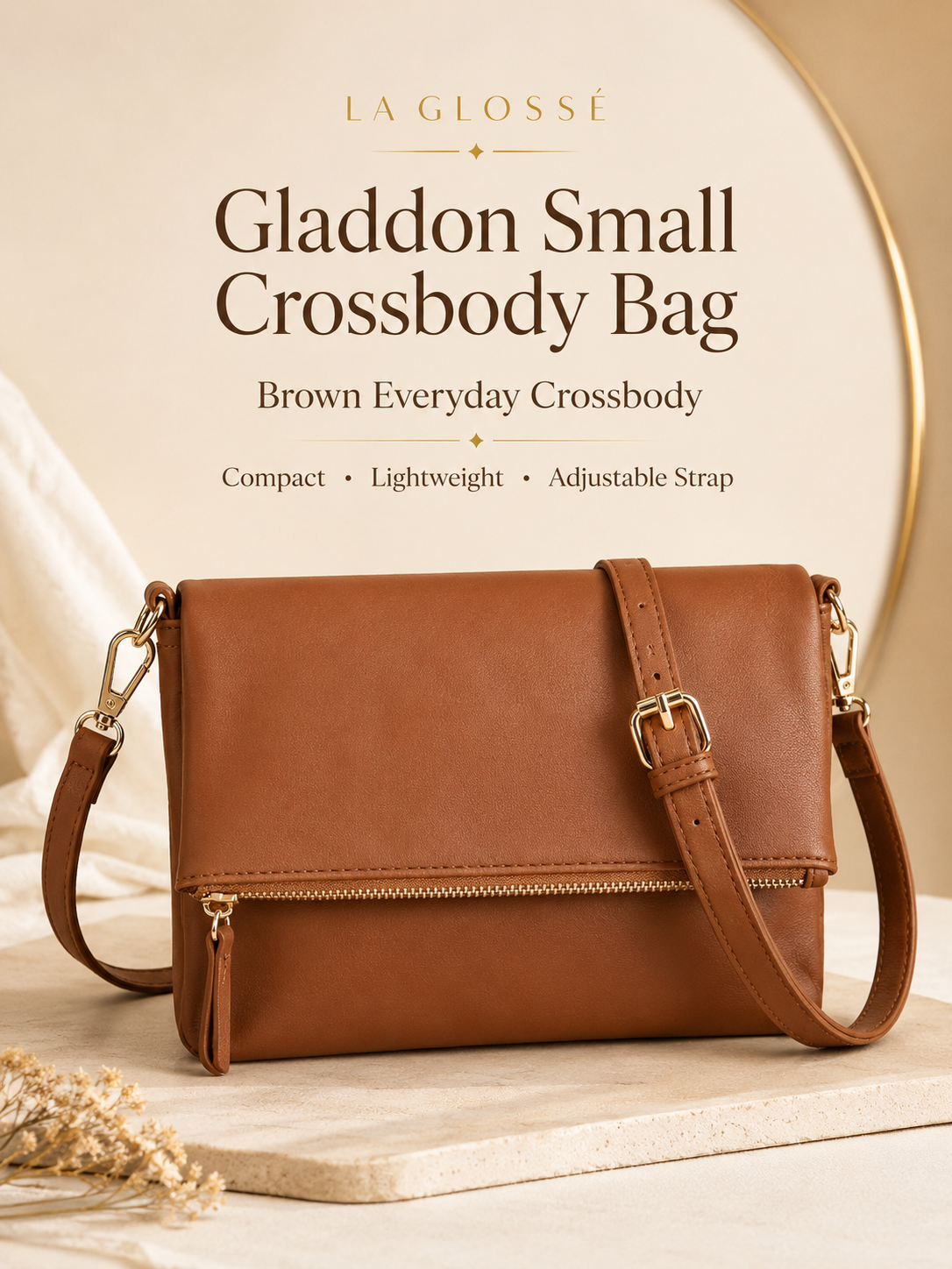Gladdon Brown Crossbody Bag Main View Gladdon small brown crossbody bag with foldover style and adjustable shoulder strap