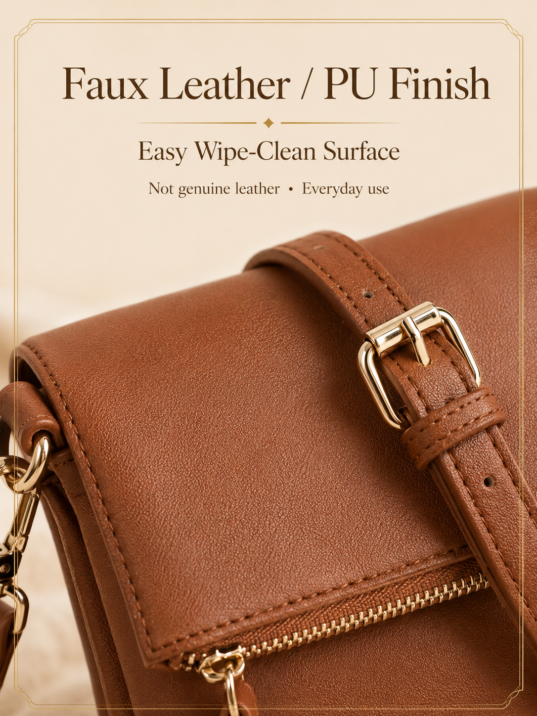 Brown Faux Leather Texture Detail Close view of brown faux leather texture on Gladdon small crossbody bag