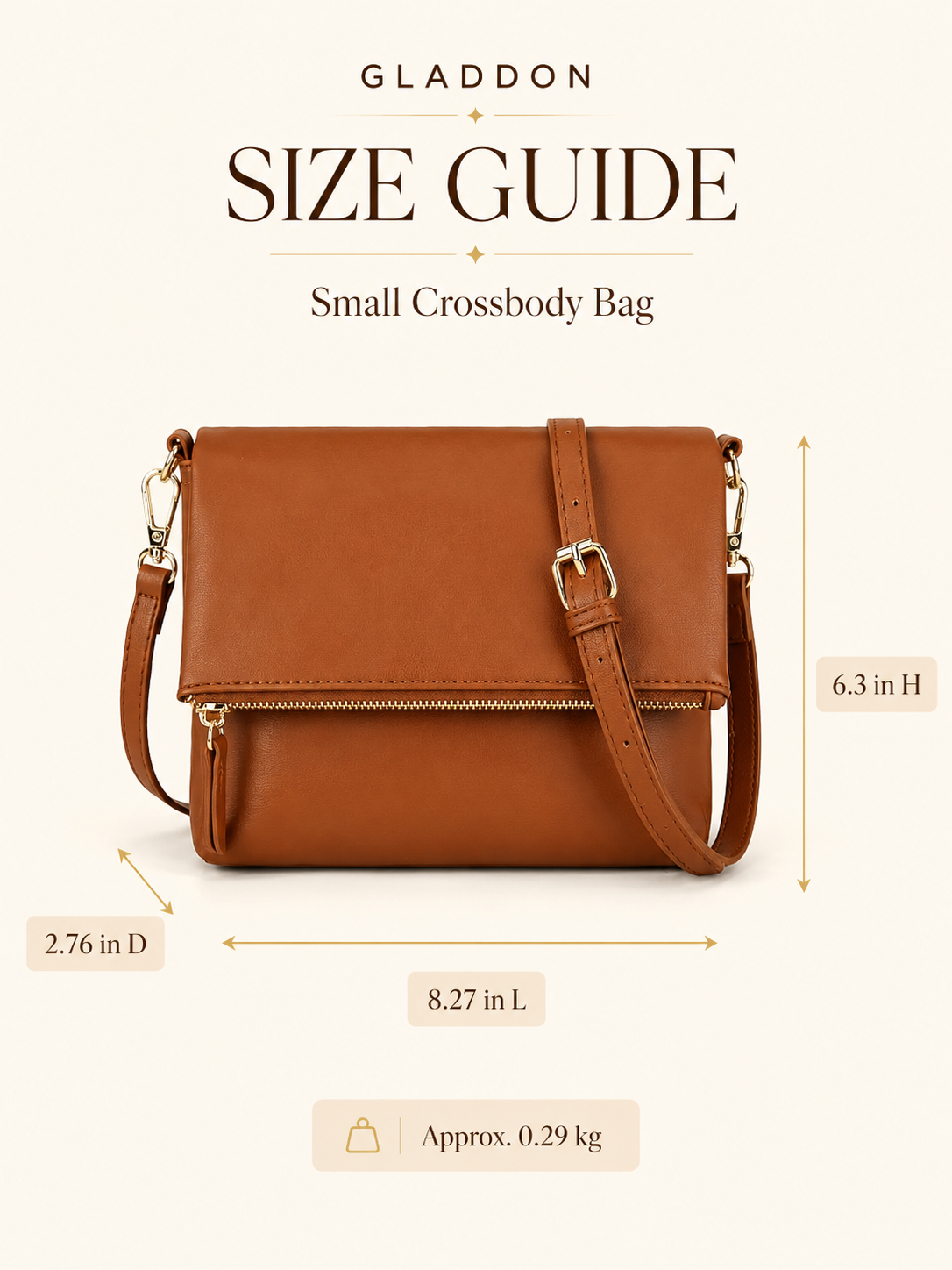 Gladdon Crossbody Bag Size Guide Size guide infographic for Gladdon small brown crossbody purse