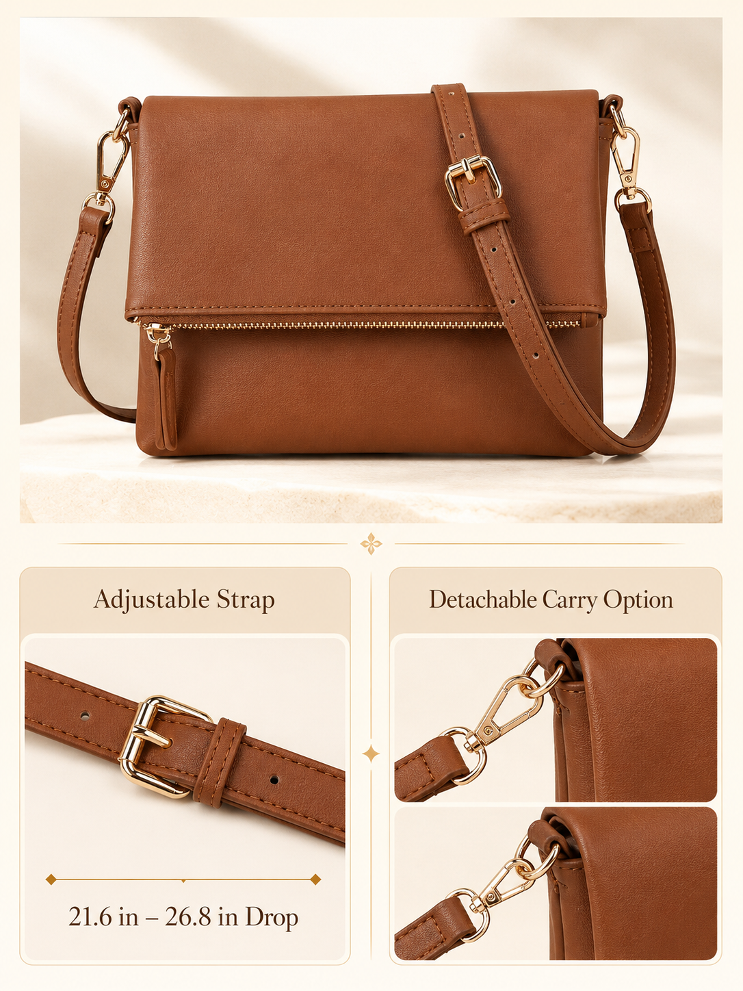 Adjustable Strap Detail Adjustable detachable strap detail on Gladdon small brown crossbody purse
