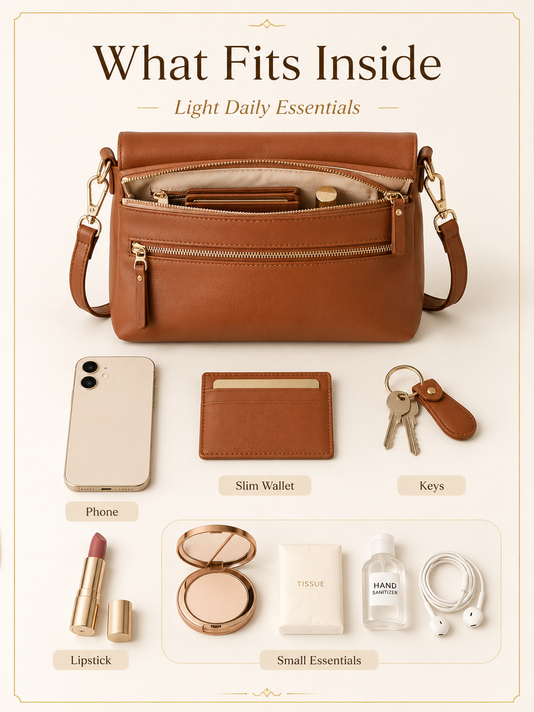 What Fits Inside Gladdon Brown Crossbody What fits inside Gladdon small brown crossbody purse with phone wallet keys and small makeup