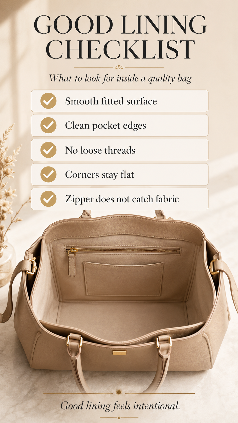 Good Bag Lining Visual Checklist Good handbag lining visual checklist with smooth fabric, clean seams, and secure pockets