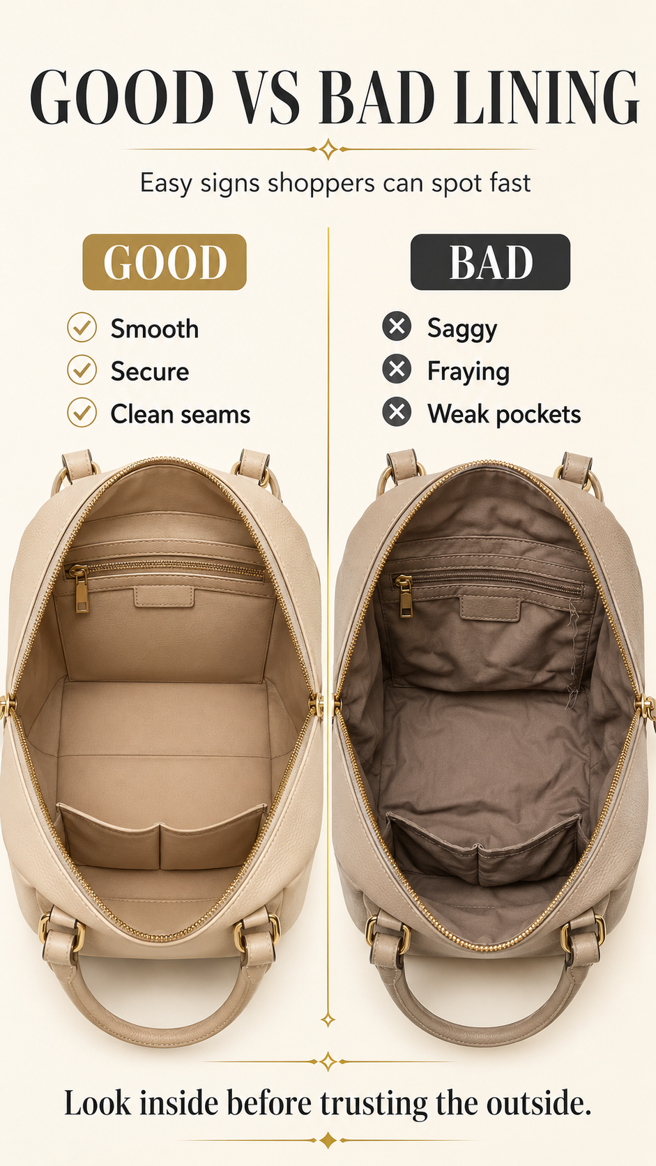 Good vs Bad Handbag Lining Comparison Good vs bad handbag lining comparison with premium interior and low-grade interior examples