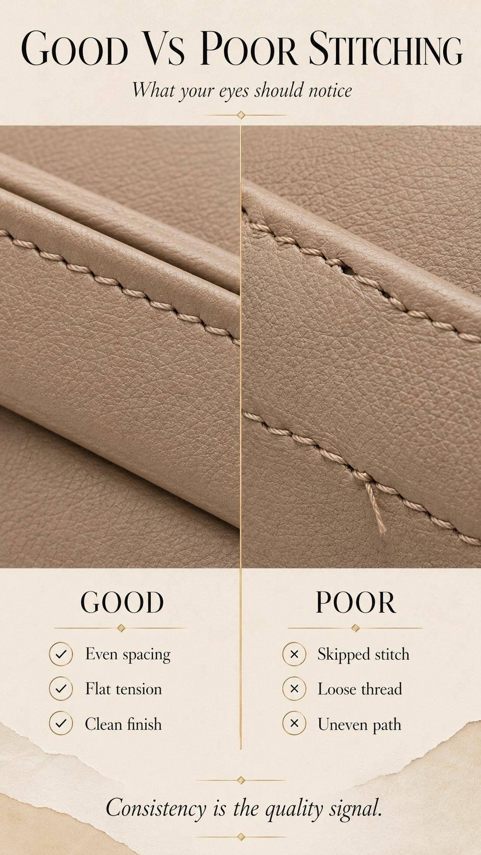 Good stitching versus poor stitching comparison on handbag leather seam with straight stitch line and uneven stitch line