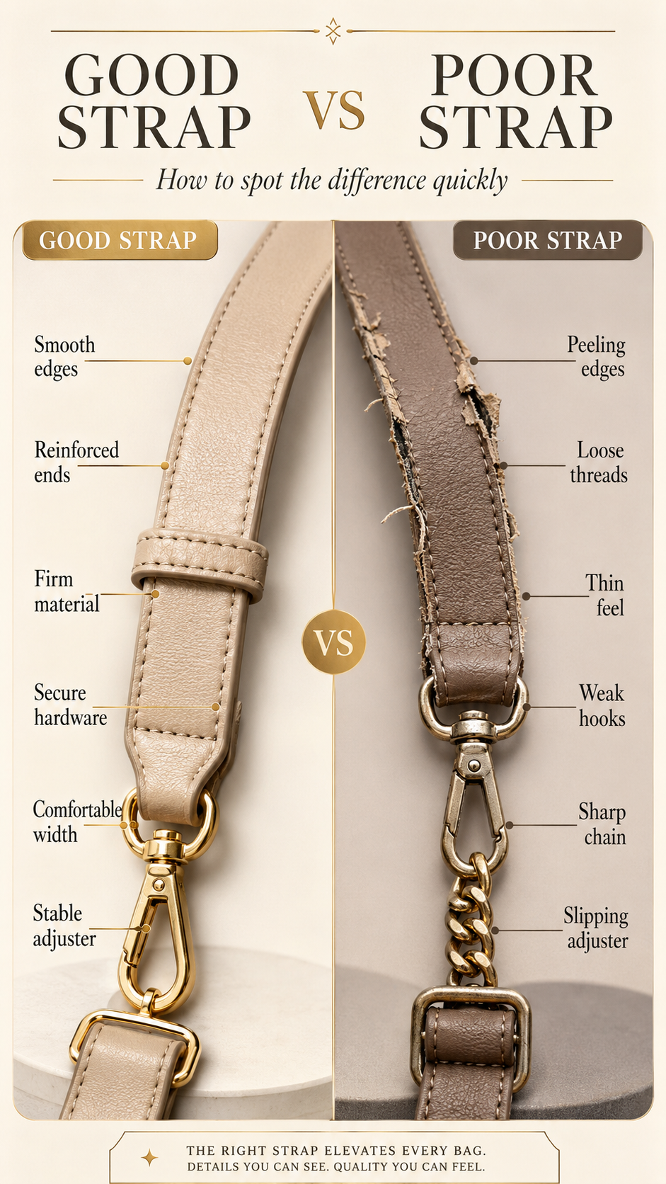 Good vs Poor Handbag Strap Comparison Premium good versus poor handbag strap comparison showing smooth edges reinforced ends secure hardware and weak strap red flags