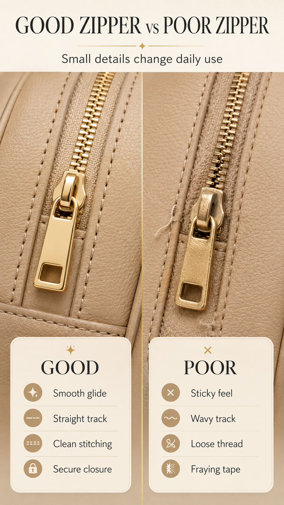 Good versus poor handbag zipper comparison showing smooth glide, straight zipper track, clean stitching, and common red flags