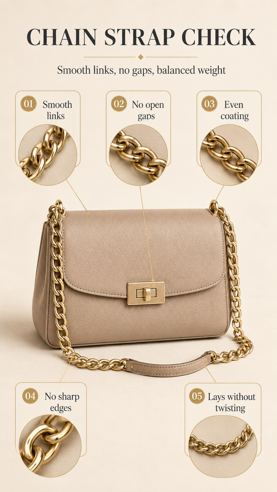 Handbag chain strap quality check showing smooth links, closed gaps, coating consistency, and twist control