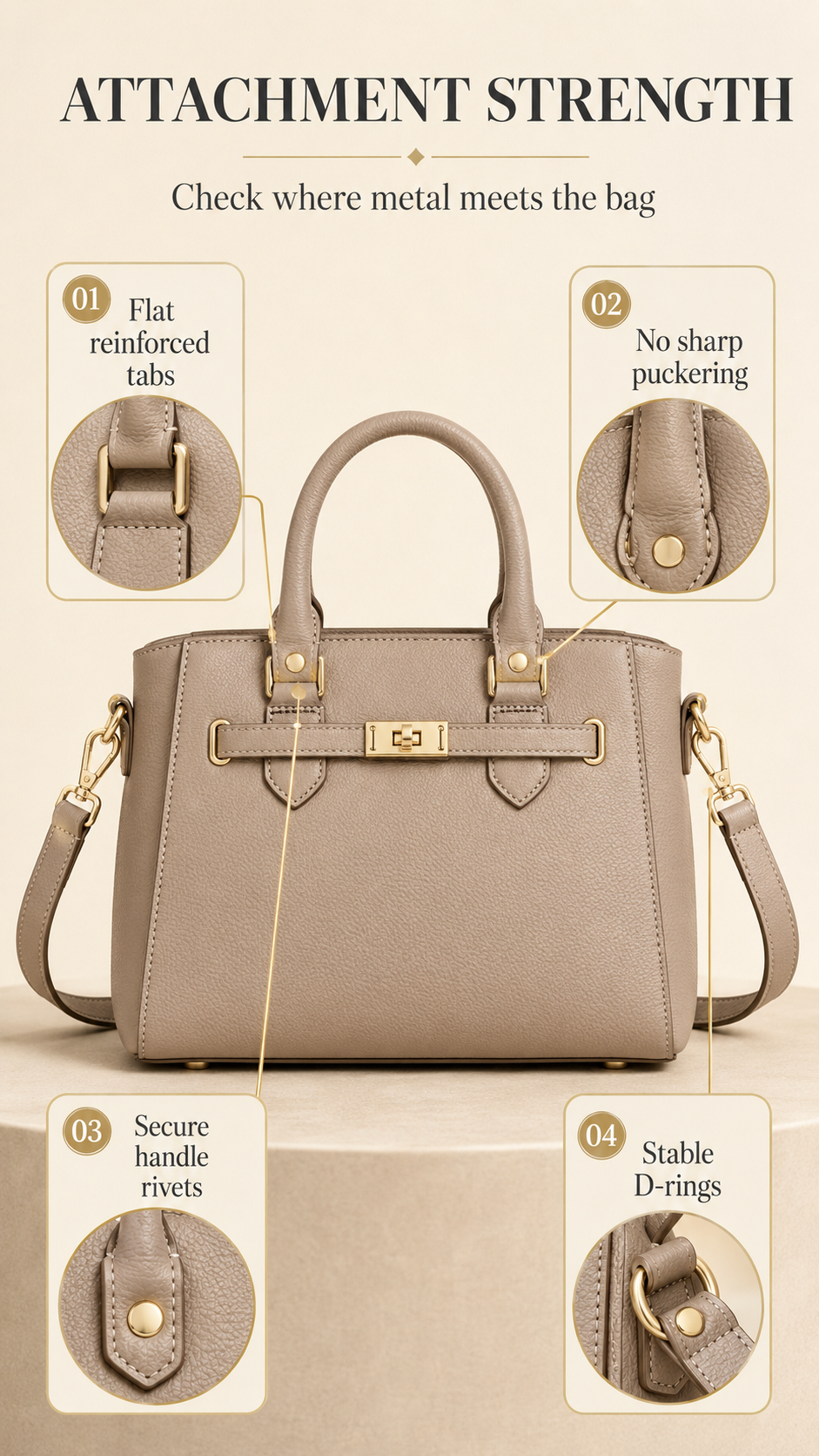 Handbag hardware attachment test showing strap anchors, handle rivets, D-ring tabs, and reinforced connection points