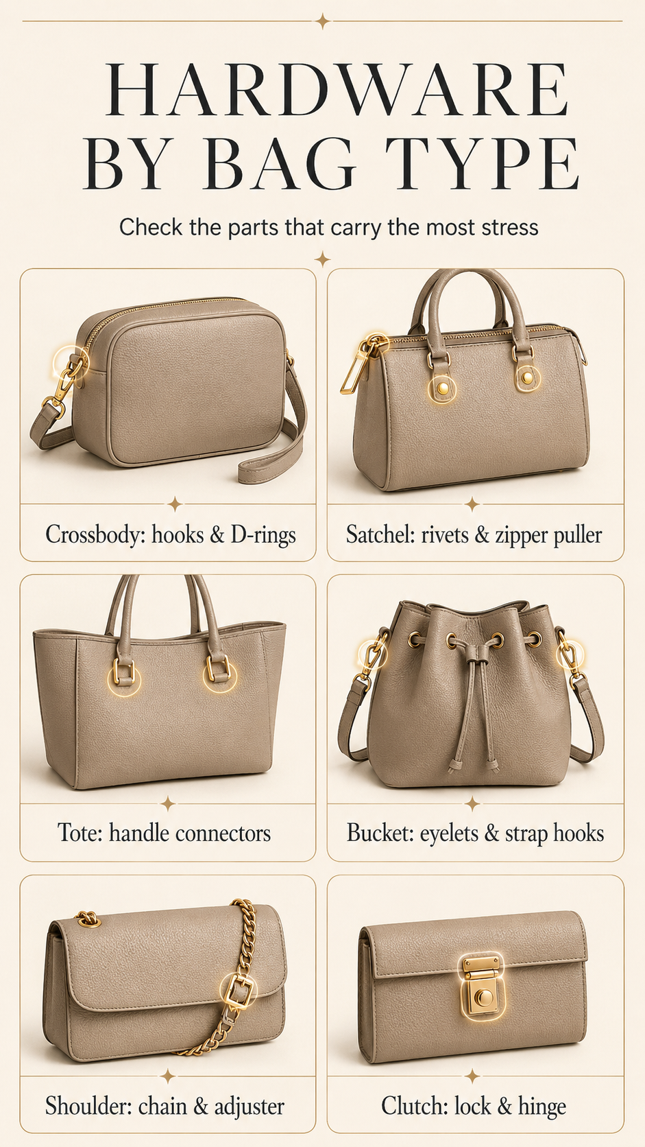 Handbag hardware by bag type chart showing crossbody, satchel, tote, bucket bag, shoulder bag, and clutch inspection priorities