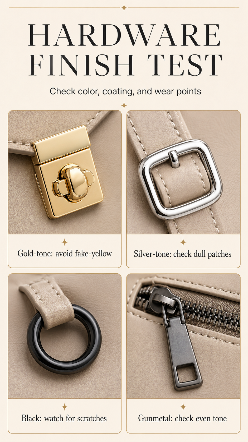 Handbag hardware finish comparison showing gold-tone, silver-tone, black, and gunmetal coating quality checks