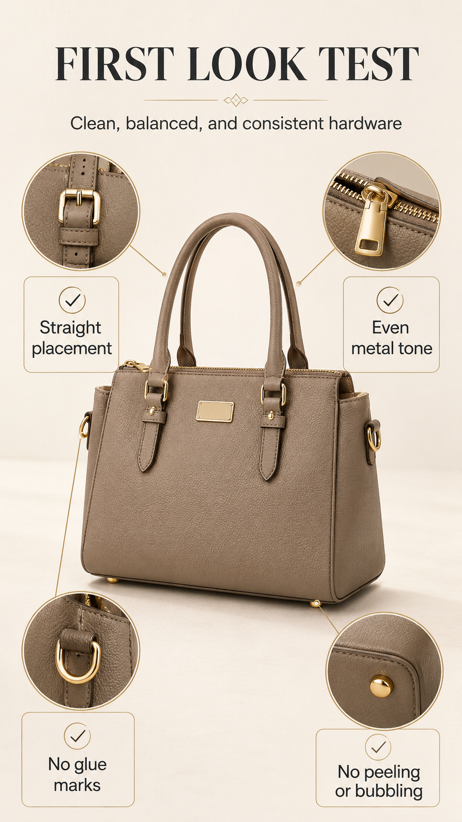 First look handbag hardware test showing clean metal finish, straight placement, and consistent color tone