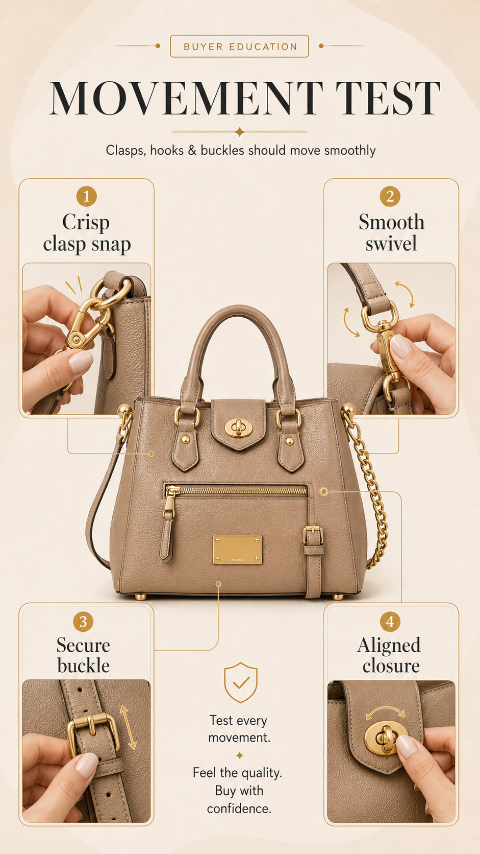Handbag hardware movement test showing clasp spring action, swivel hook rotation, buckle alignment, and turn-lock movement