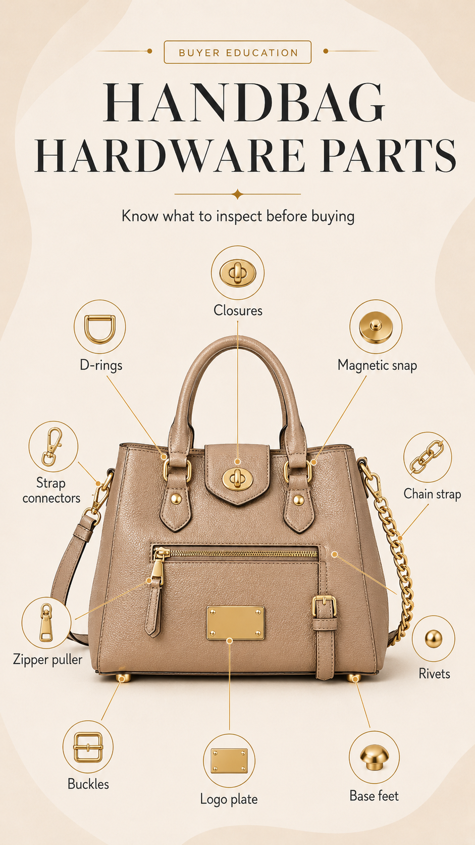 Handbag hardware parts diagram showing closures, strap connectors, zipper hardware, rivets, base feet, and decorative plates