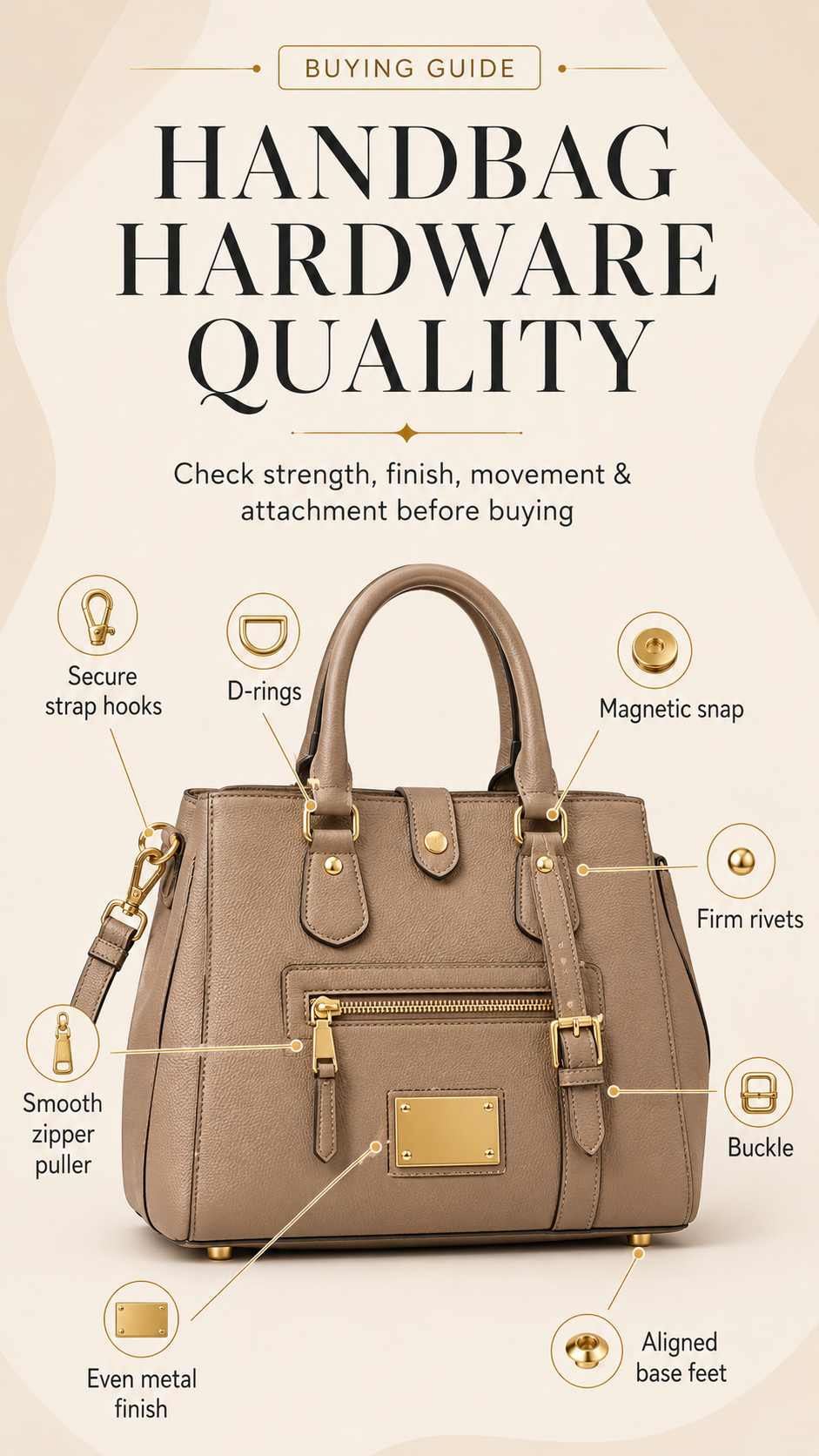 Premium handbag hardware quality guide showing clasps, D-rings, zipper puller, rivets, chain strap, and base feet inspection points