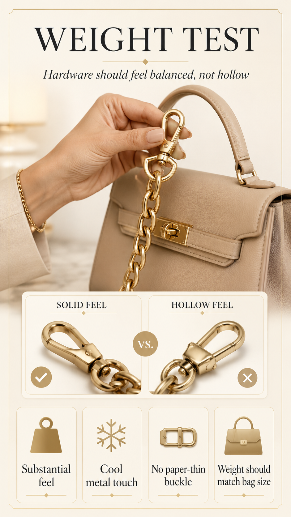 Handbag hardware weight test showing a chain strap and clasp being checked for solid feel and balanced weight