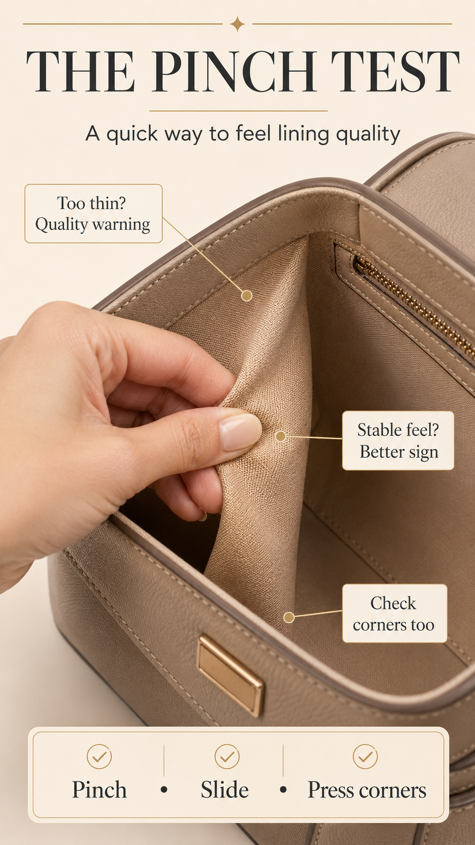 Handbag Lining Thickness Pinch Test Pinch test showing how to check handbag lining thickness and structure by touch