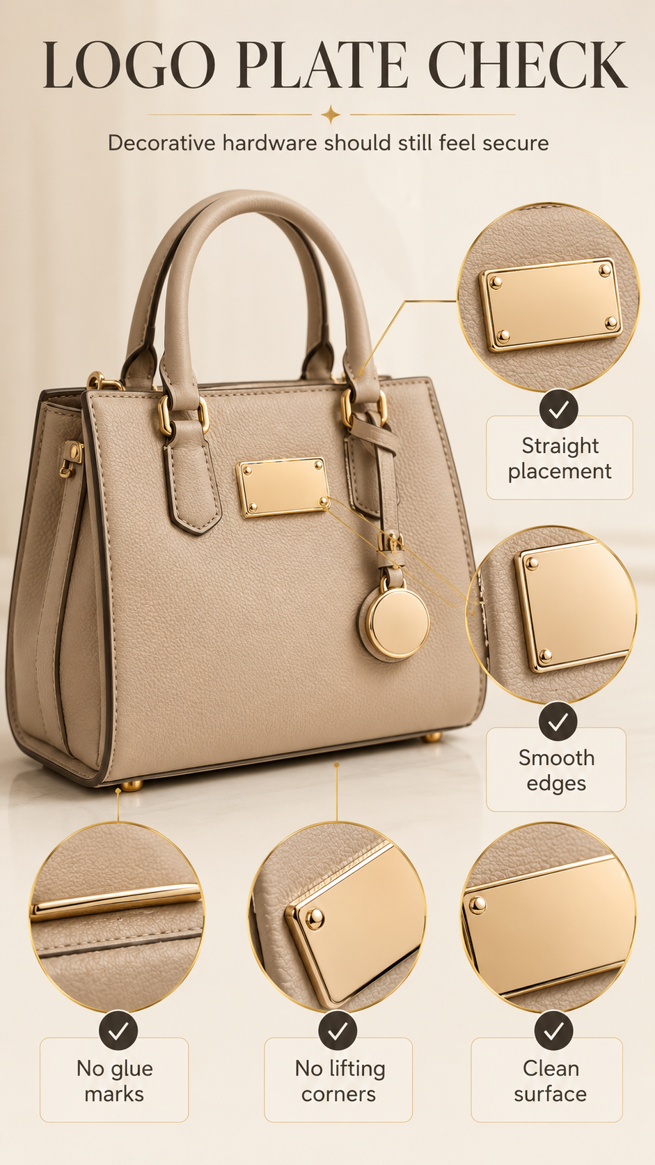 Handbag logo plate and decorative hardware check showing straight placement, smooth edges, and secure mounting