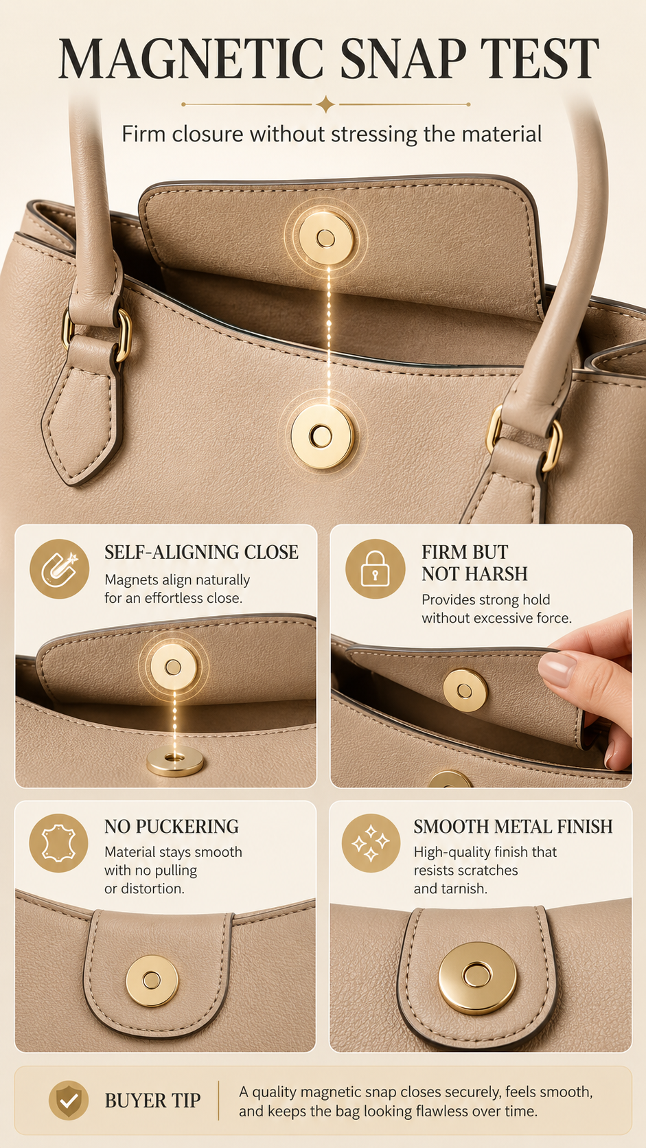 Handbag magnetic snap quality check showing alignment, pull strength, backing support, and smooth metal finish