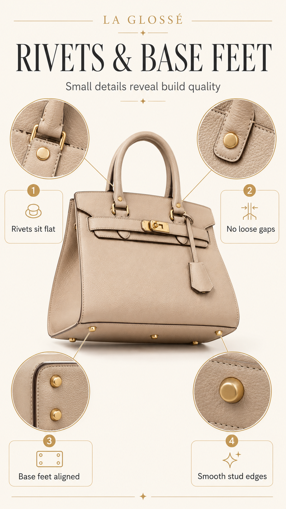 Handbag rivets studs and base feet check showing flat rivet seating, secure studs, and aligned protective bottom feet
