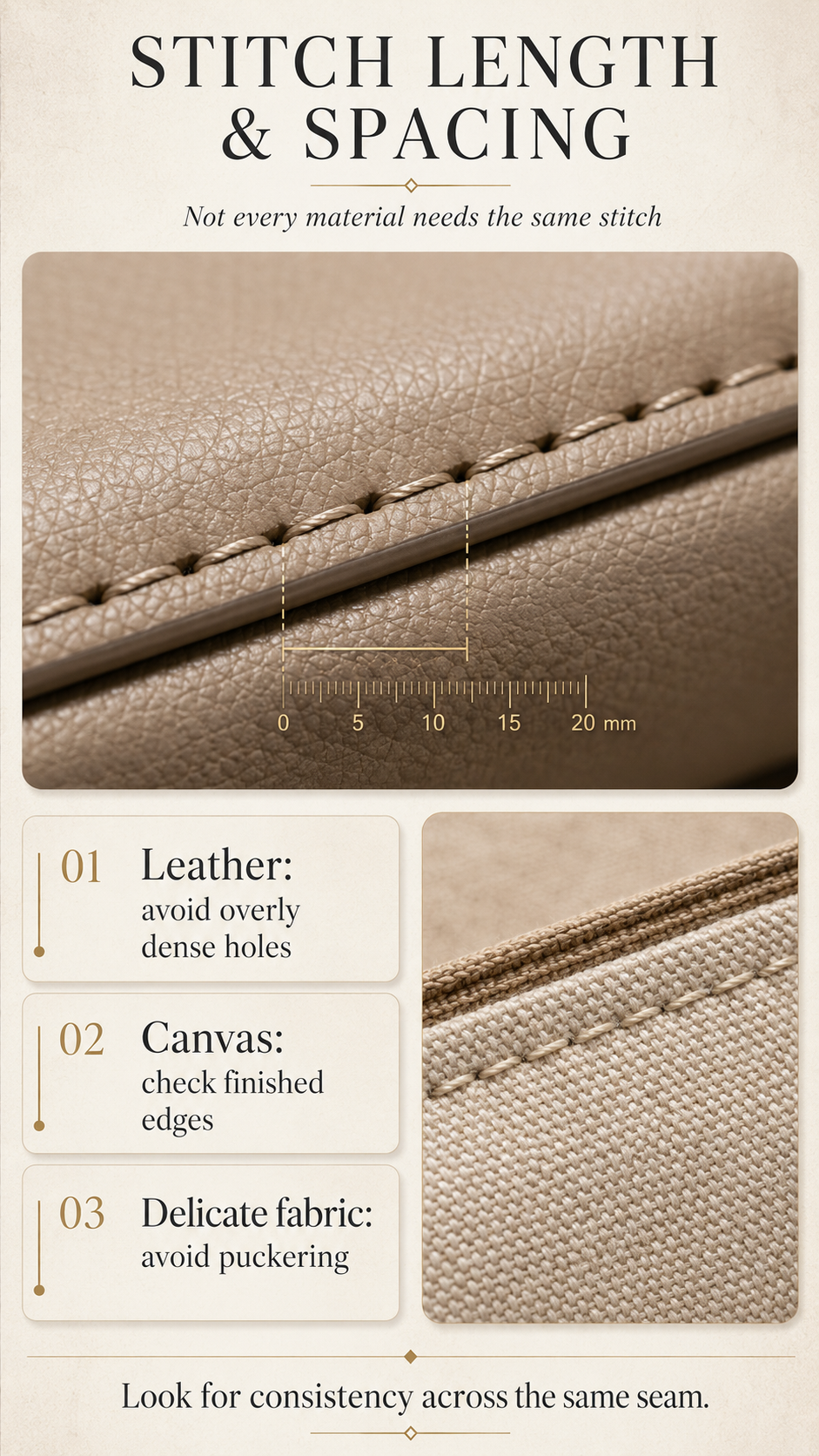 Premium mobile infographic explaining handbag stitch length, stitch spacing, and material differences for leather and fabric bags